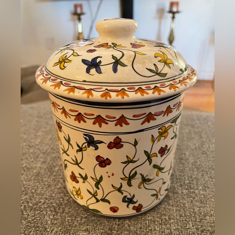 Hand painted in Brazil covered canister. See chips as noted.